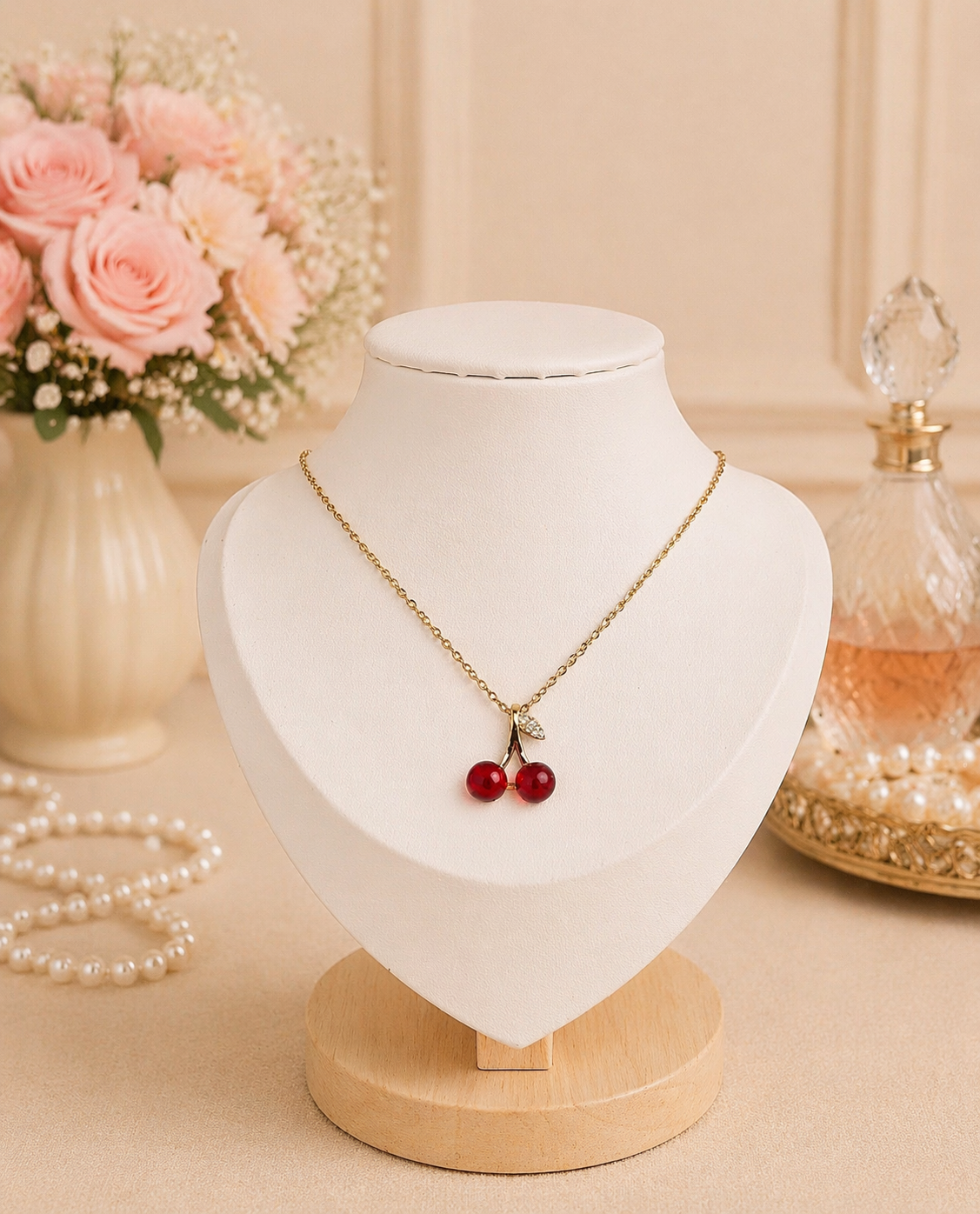 Necklace with red berries on a white mannequin bust with flowers and a vase in the background