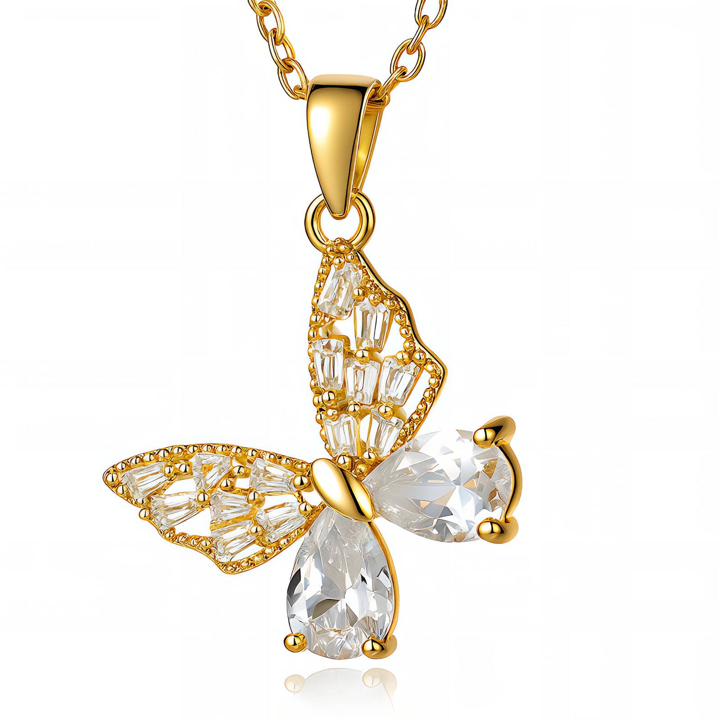 Gold butterfly pendant necklace with clear gemstones on a white background
