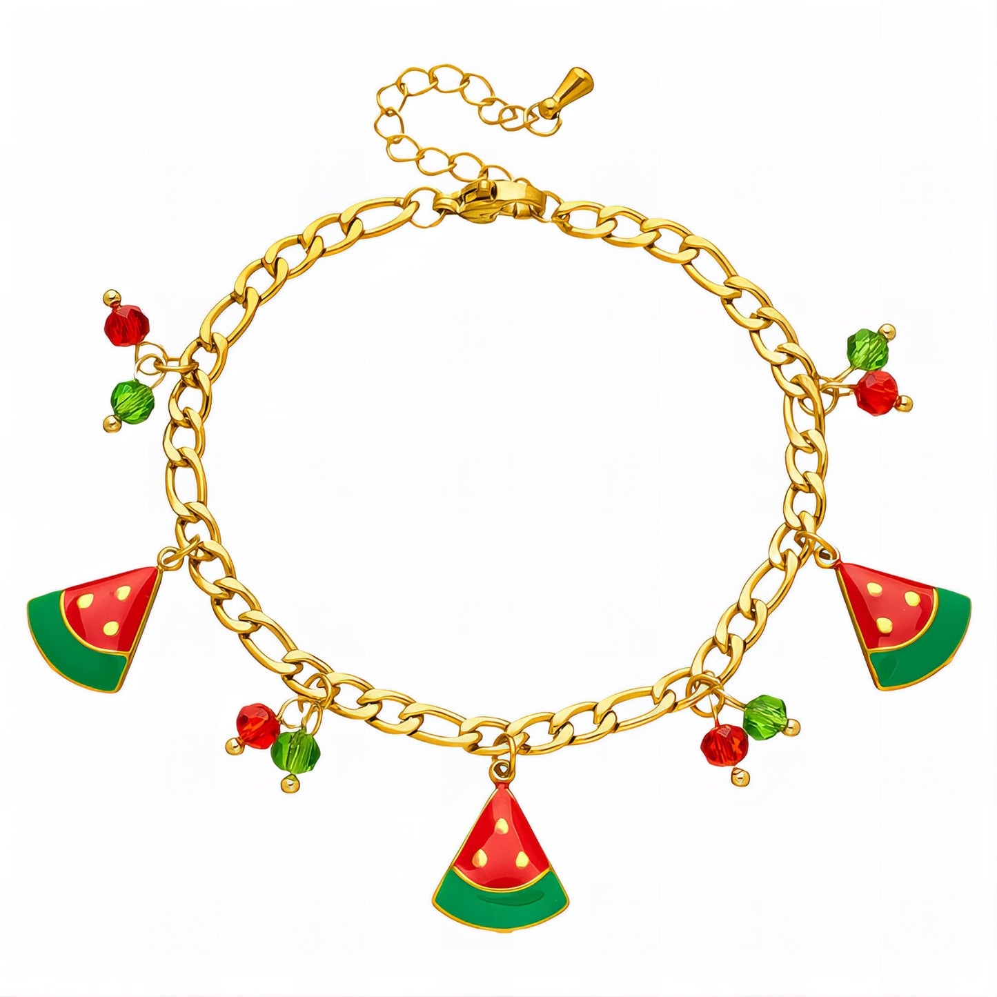 Gold bracelet with watermelon slice charms on a white background
