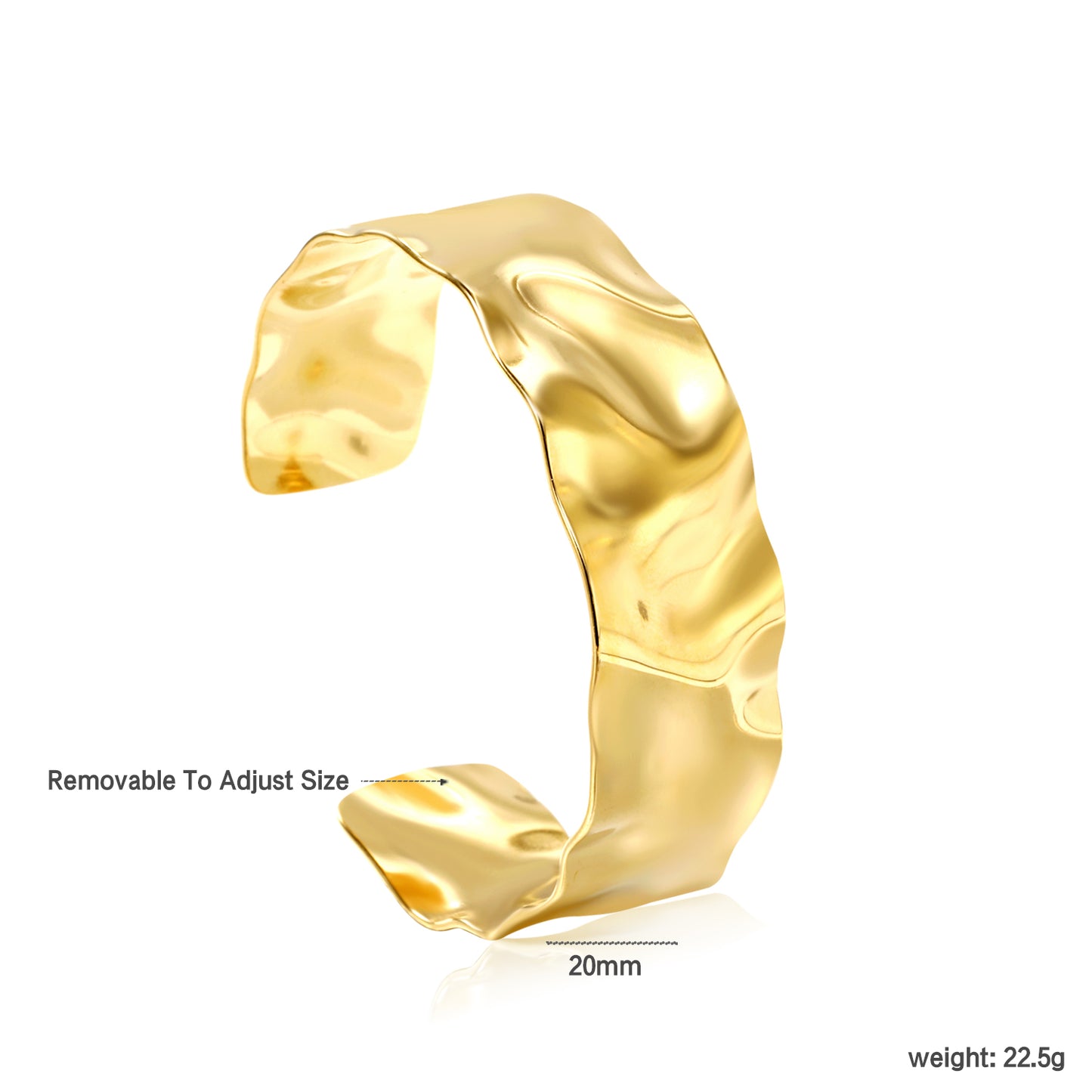 Gold bracelet with adjustable size feature on a white background