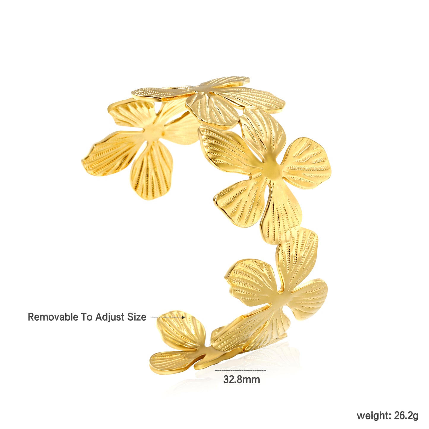 Gold bracelet with leaf designs on a white background