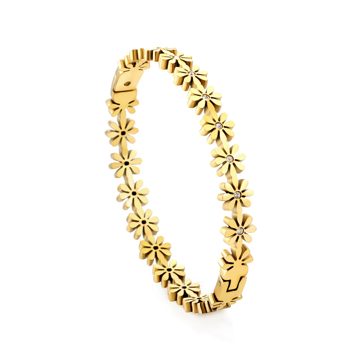 Gold bracelet with floral designs on a white background