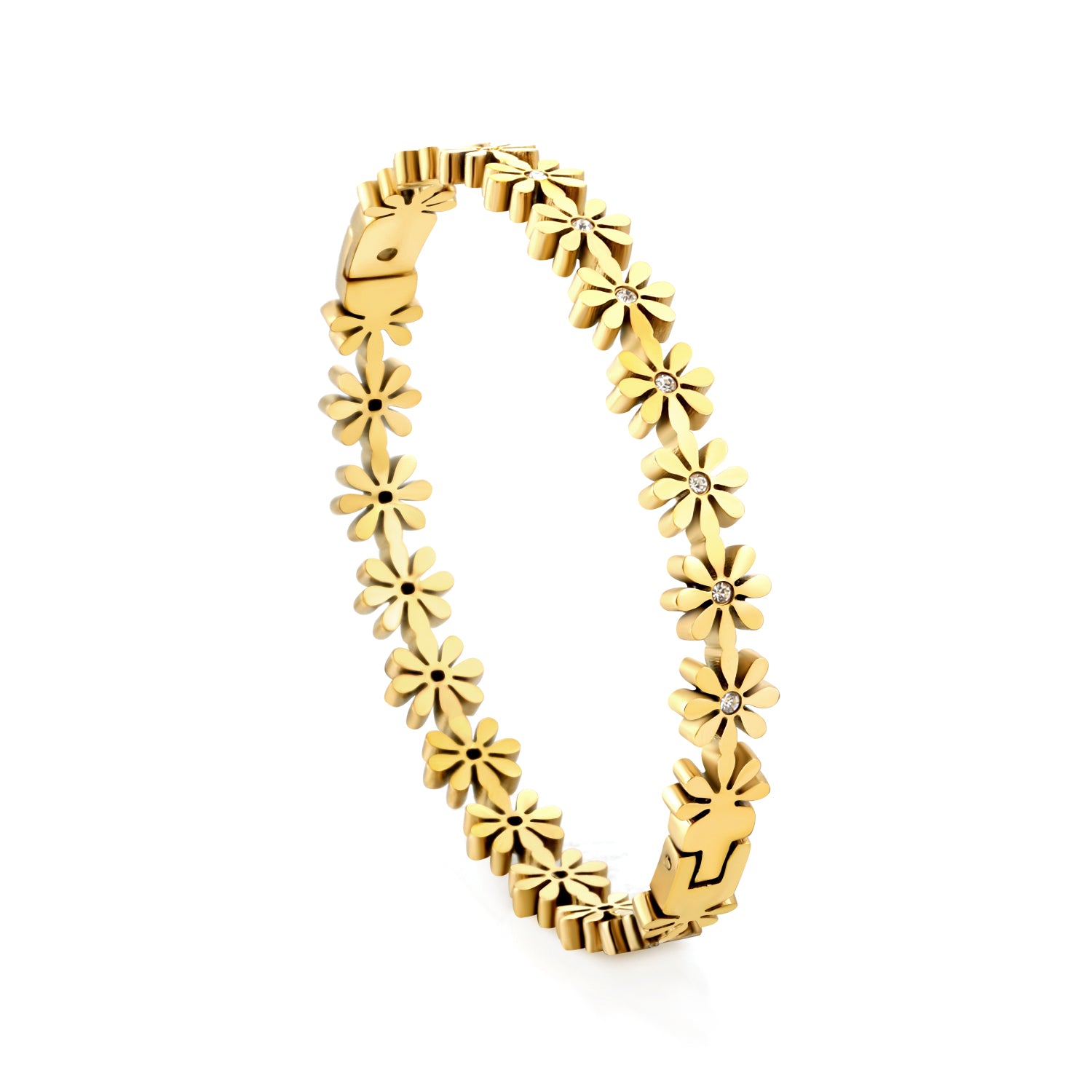 Gold bracelet with floral designs on a white background