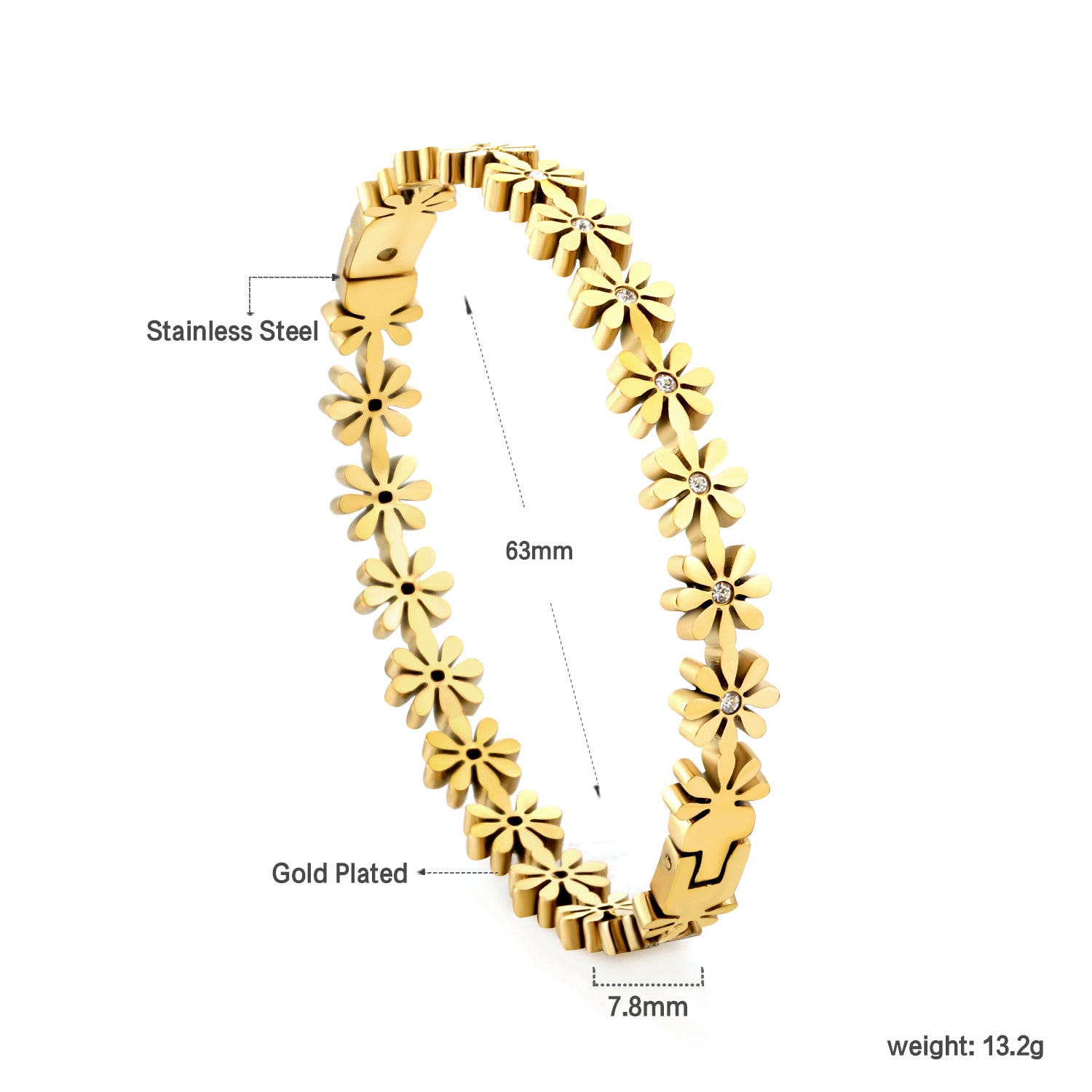 Gold bracelet with floral design on a white background
