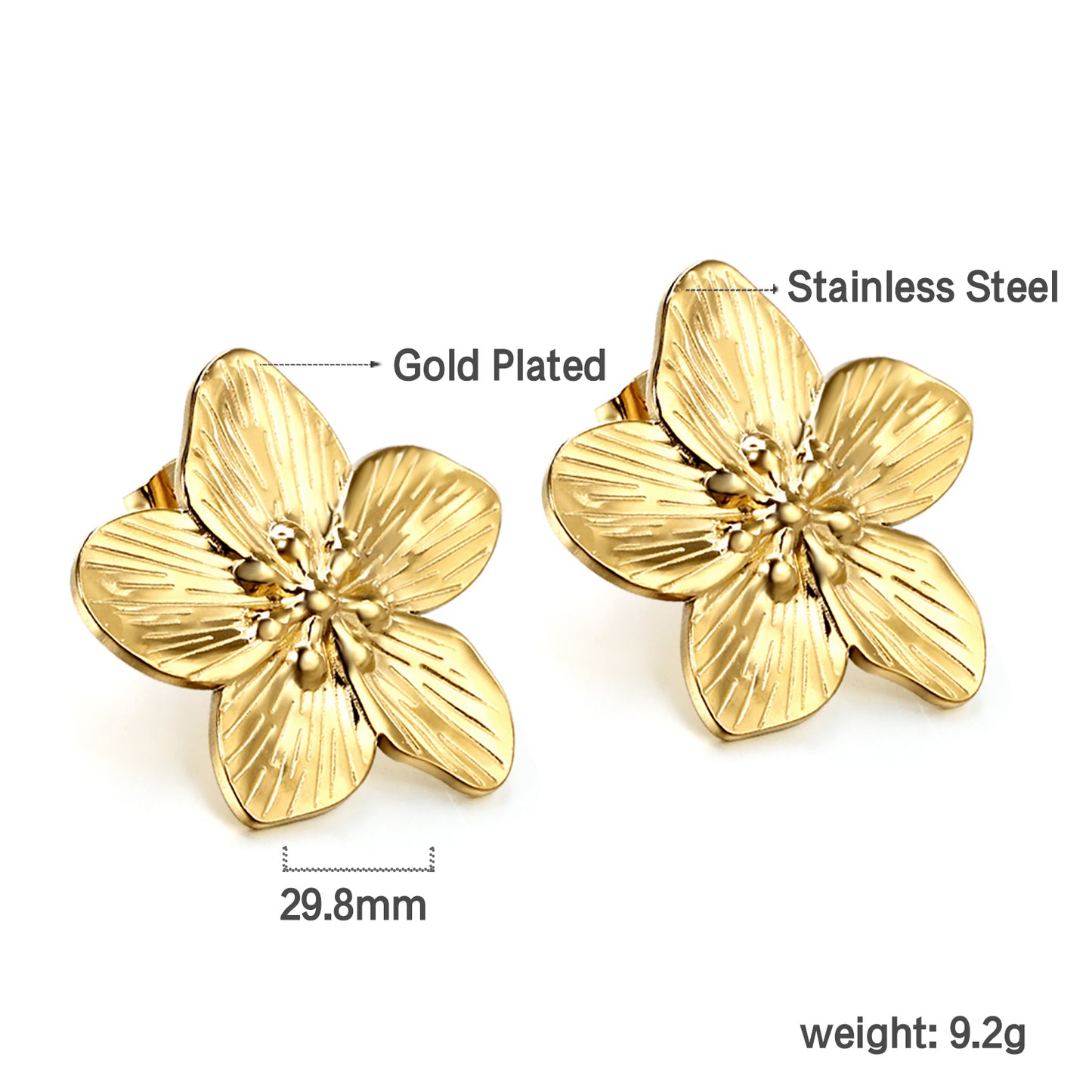 Gold flower-shaped earrings with material labels and measurements on a white background