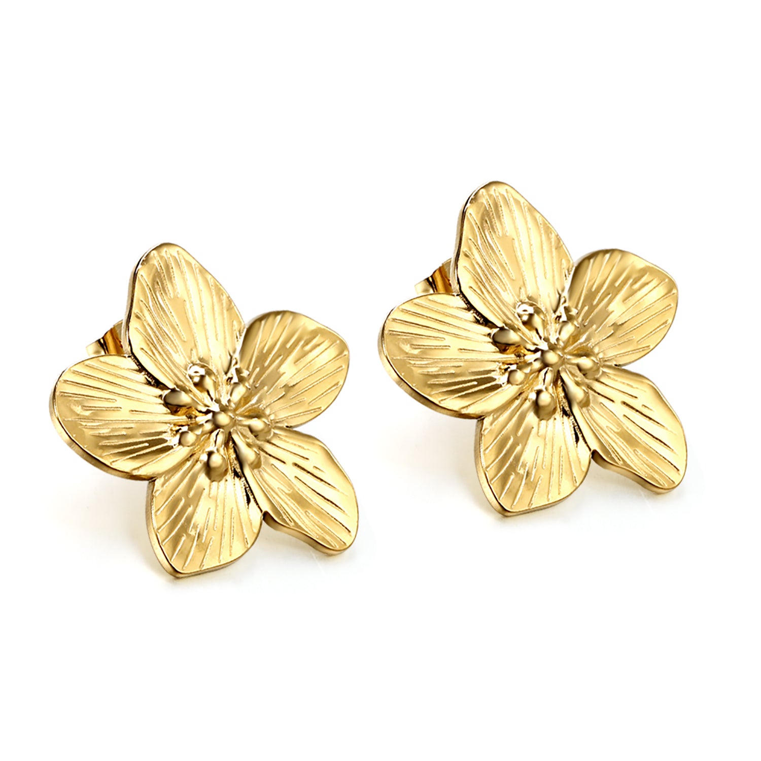 Pair of gold flower-shaped earrings on a white background