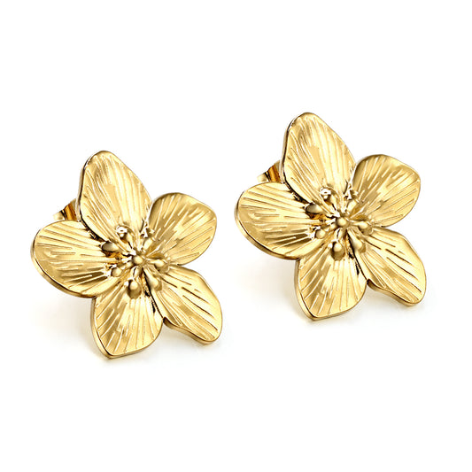 Pair of gold flower-shaped earrings on a white background