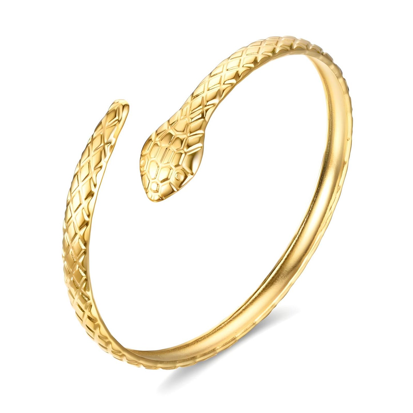 Gold snake-shaped bracelet on a white background