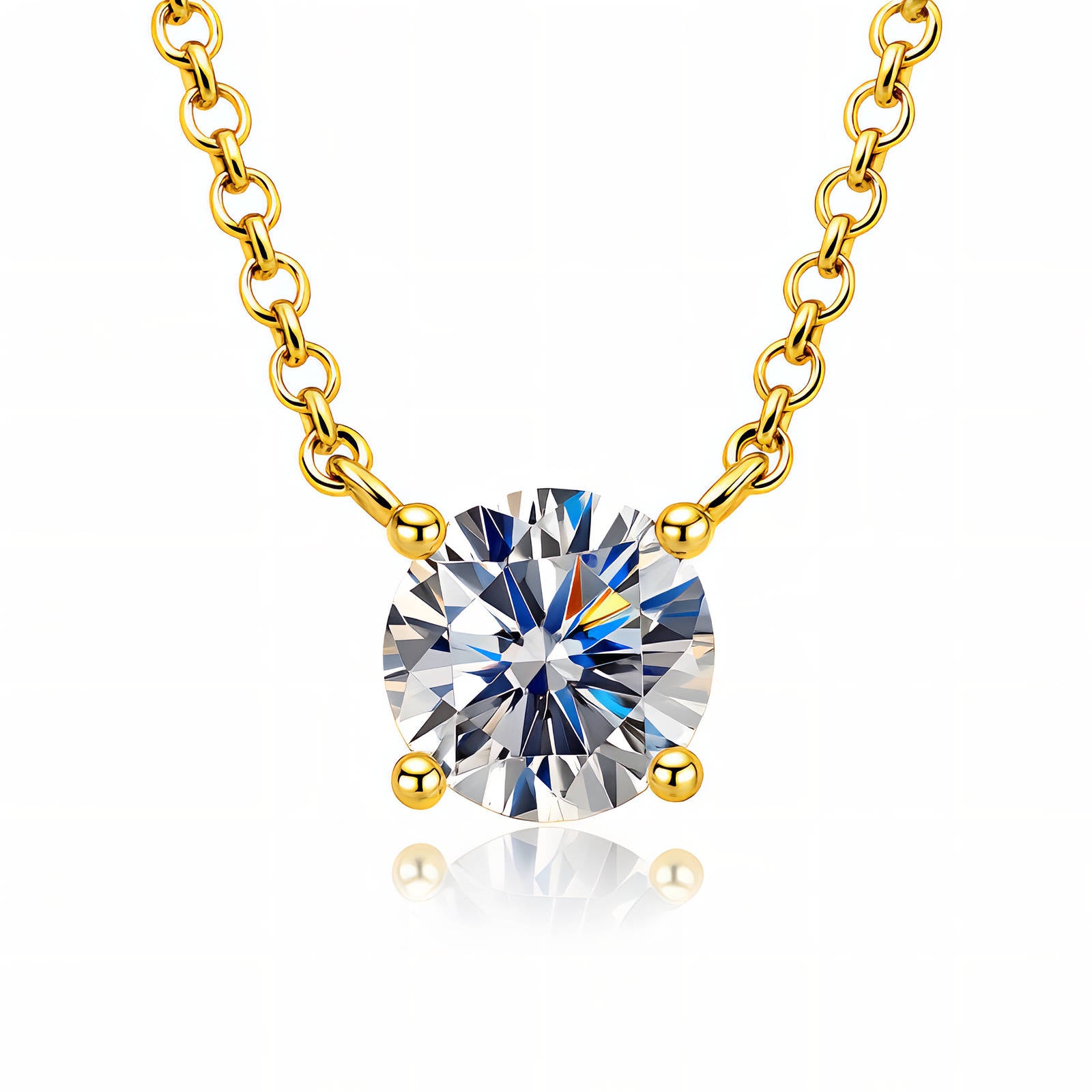 Gold necklace with a large diamond pendant on a white background