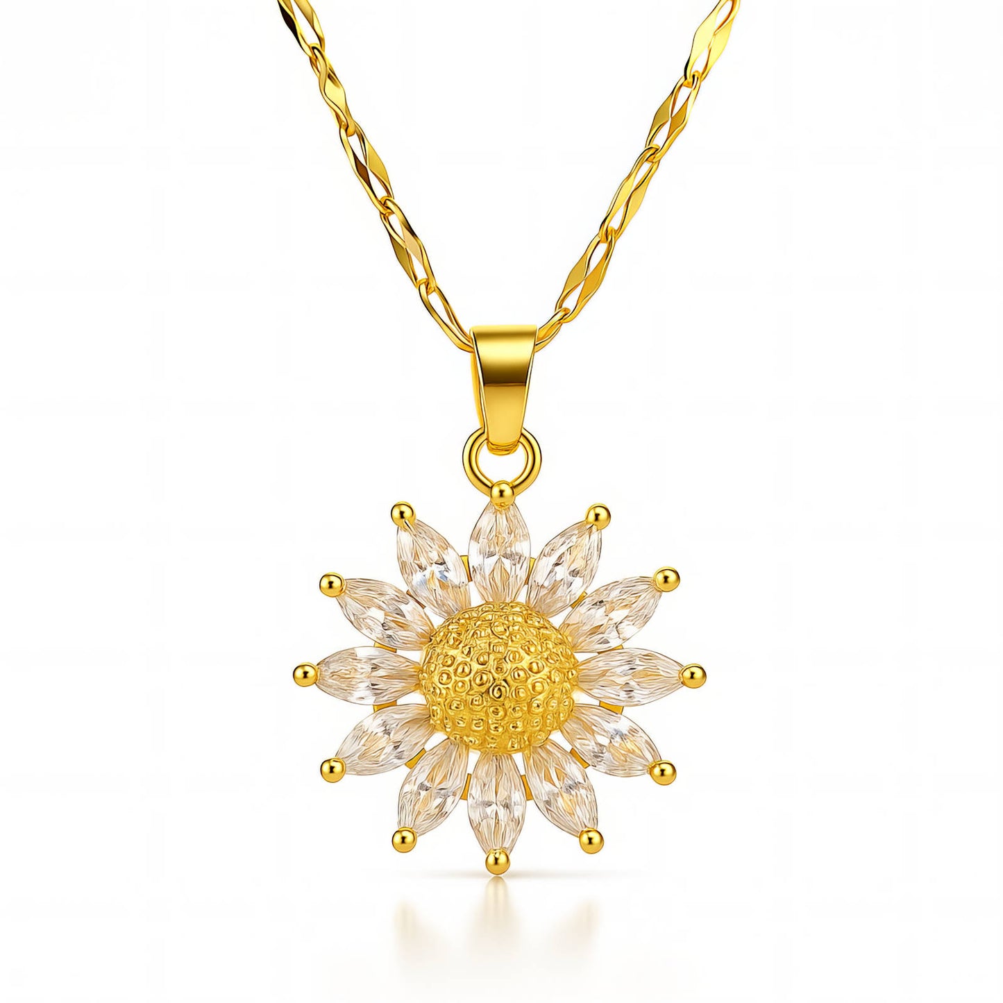 Gold sunflower pendant necklace on a white background