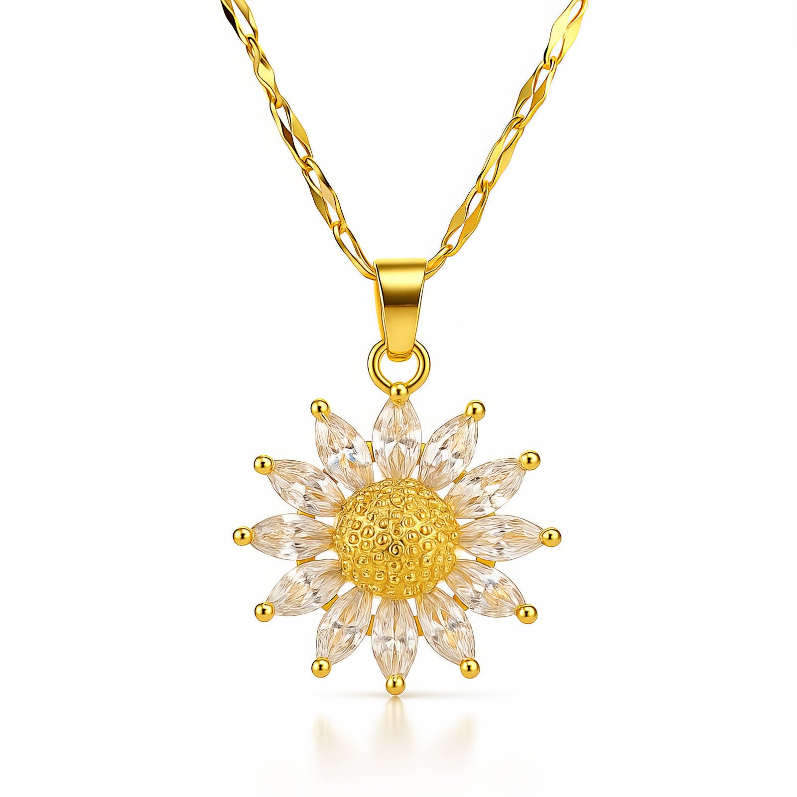 Gold sunflower pendant necklace on a white background