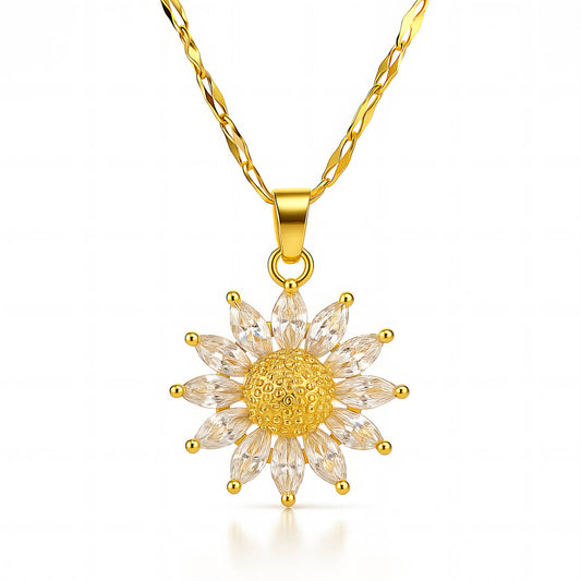 Gold sunflower pendant necklace on a white background