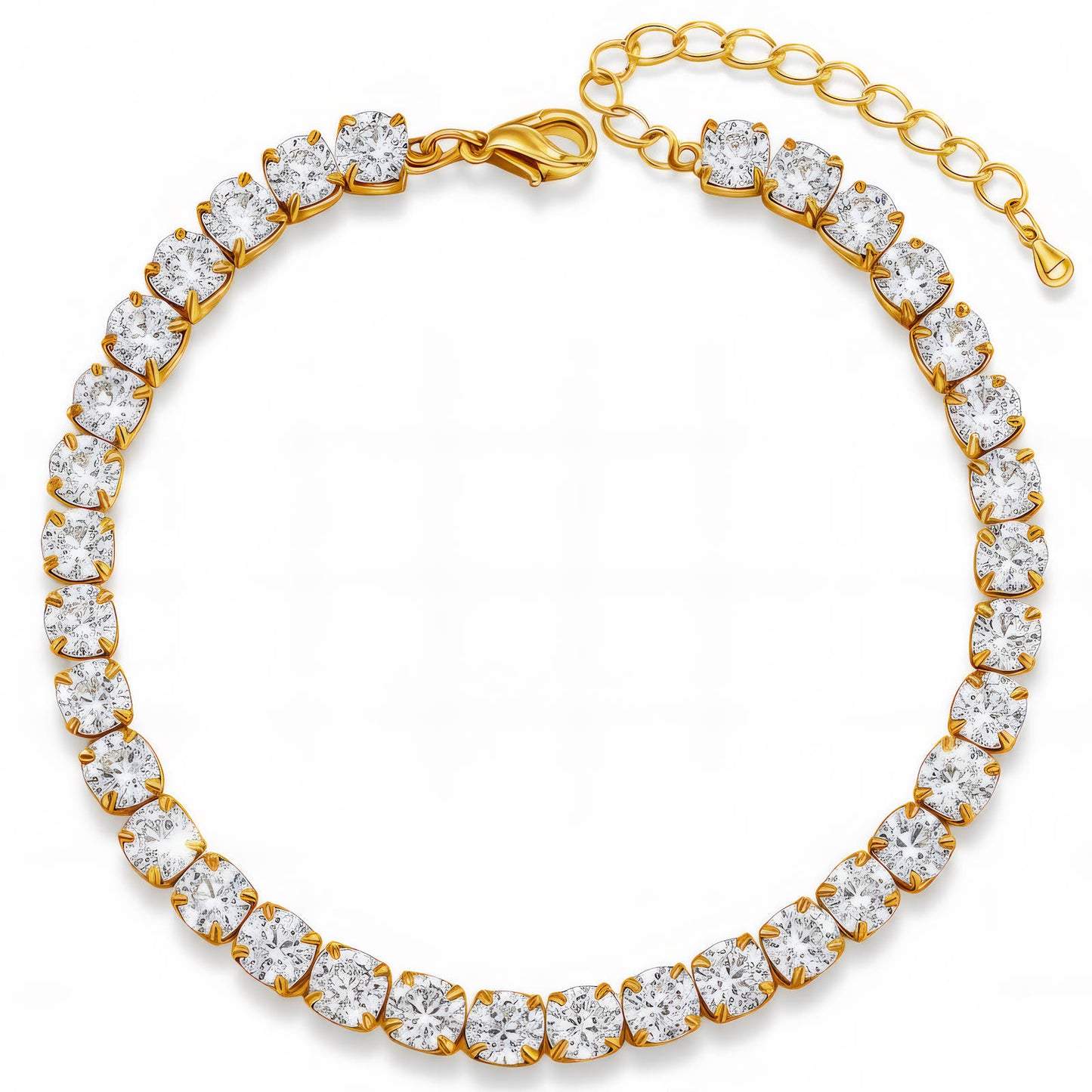 Gold bracelet with clear gemstones on a white background