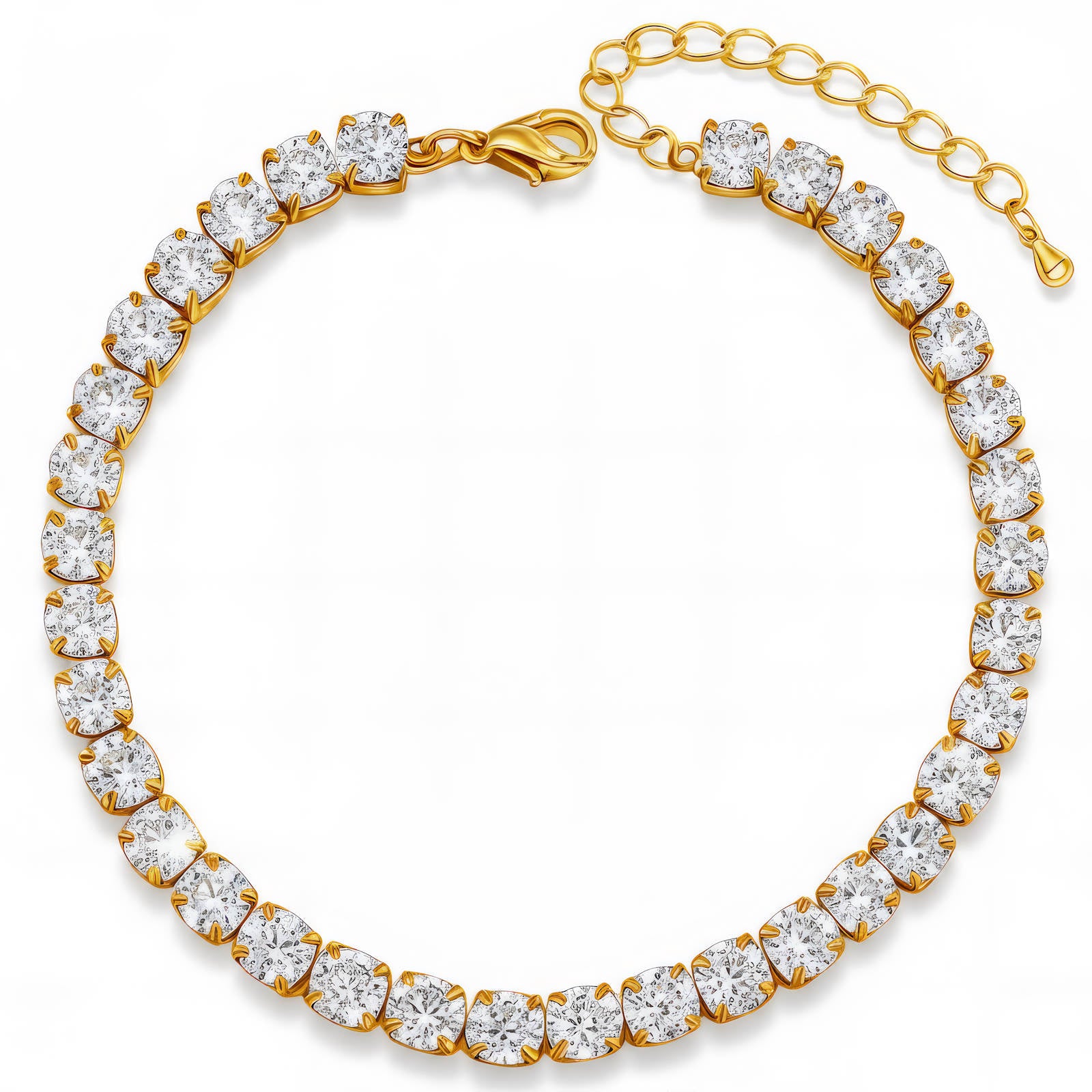 Gold bracelet with clear gemstones on a white background