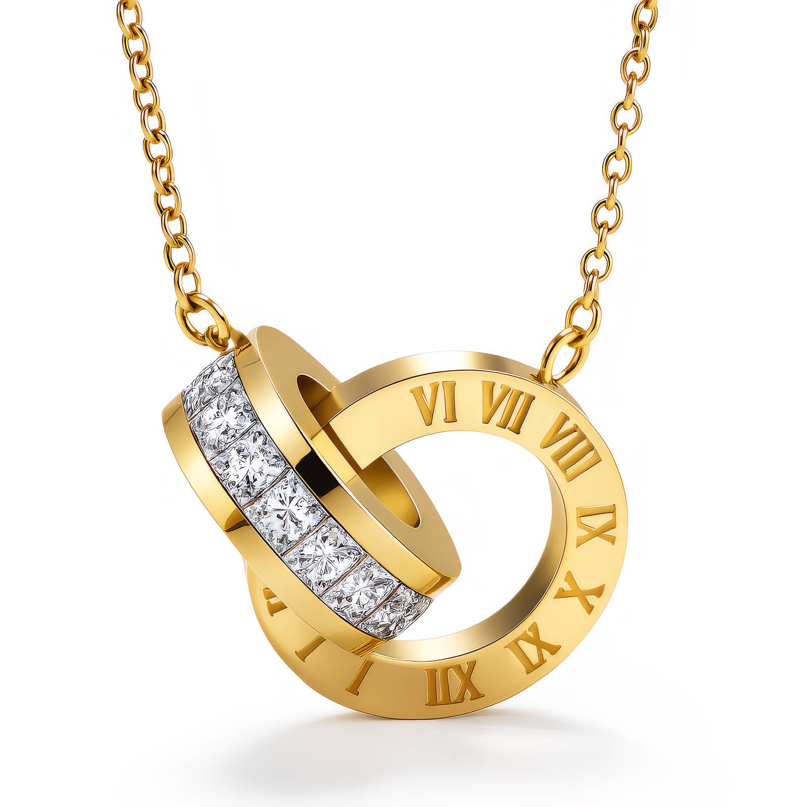 Gold necklace with interlocking rings featuring Roman numerals and diamonds on a white background