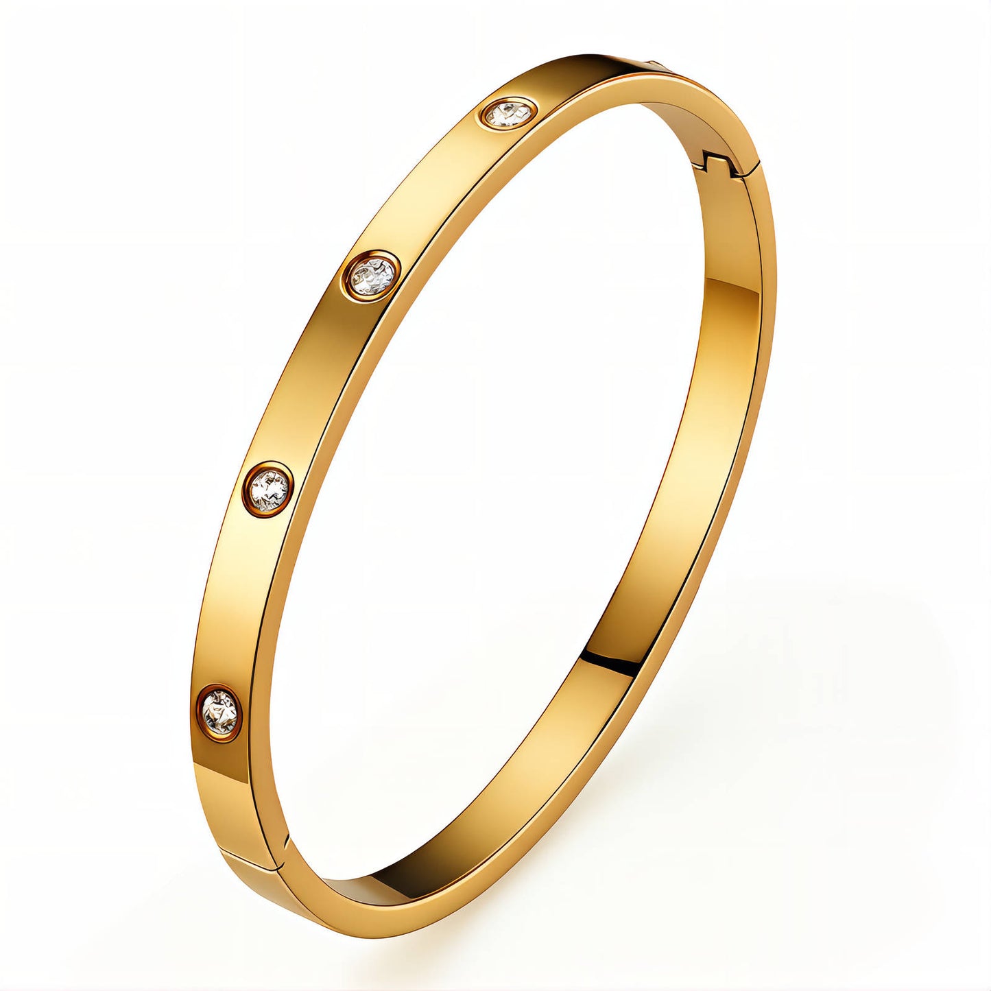 Gold bracelet with small diamonds on a white background