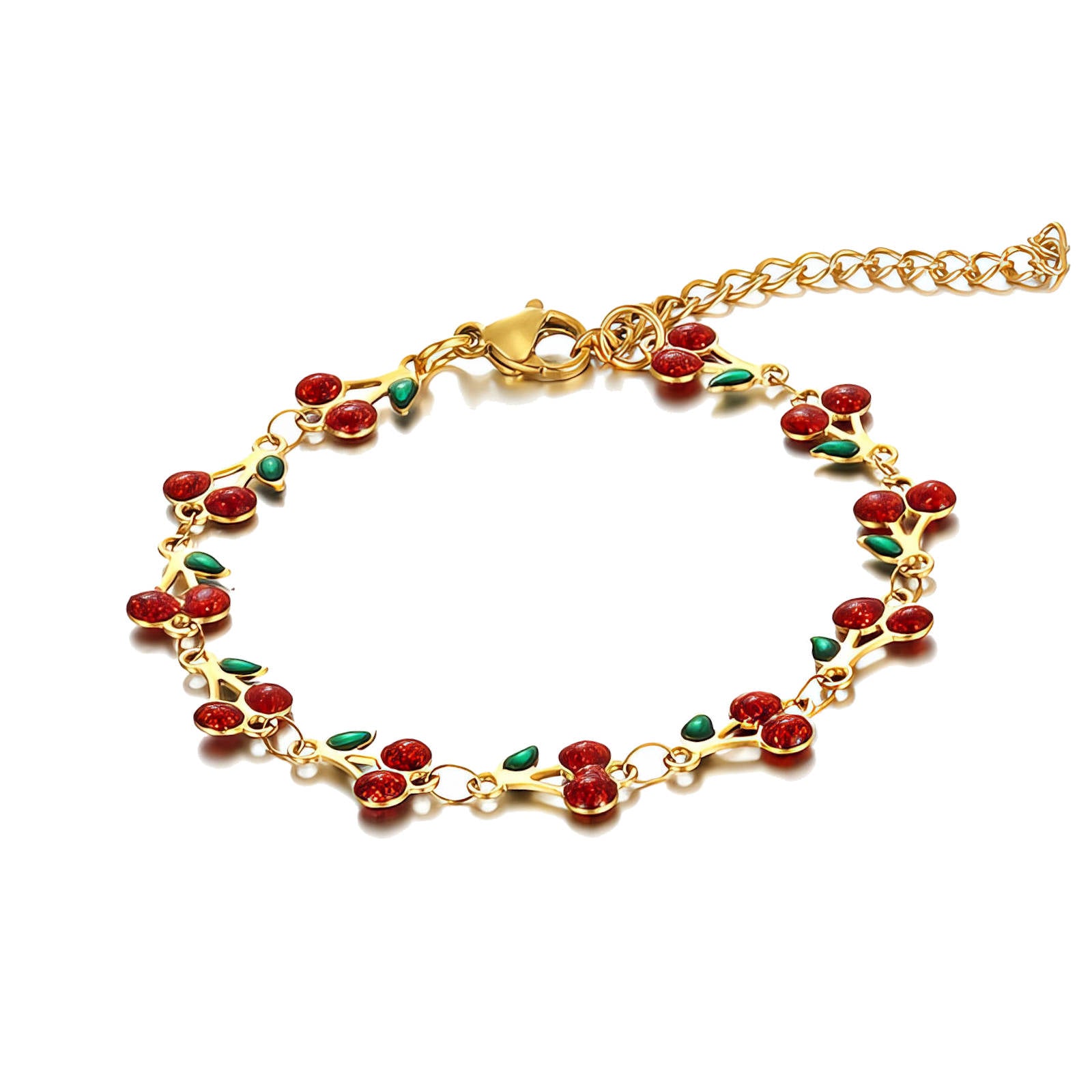 Gold bracelet with red and green gemstones on a white background