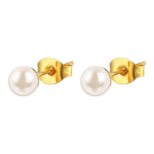 Pair of pearl earrings with gold posts on a white background