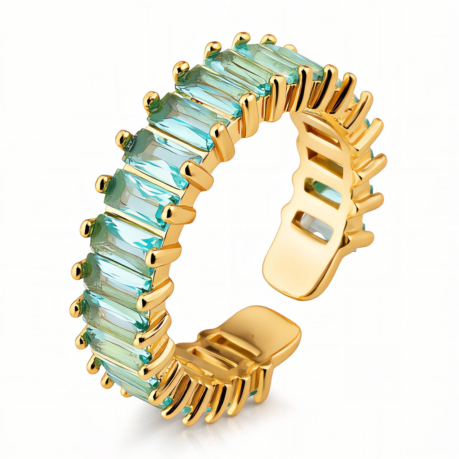 Gold earring with green gemstones on a white background
