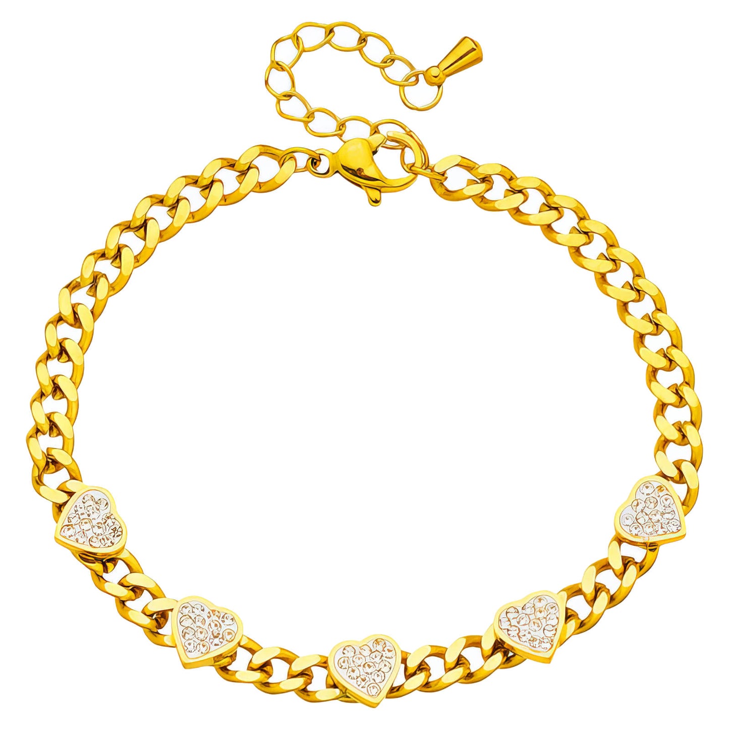 Gold chain bracelet with heart-shaped diamond accents on a white background