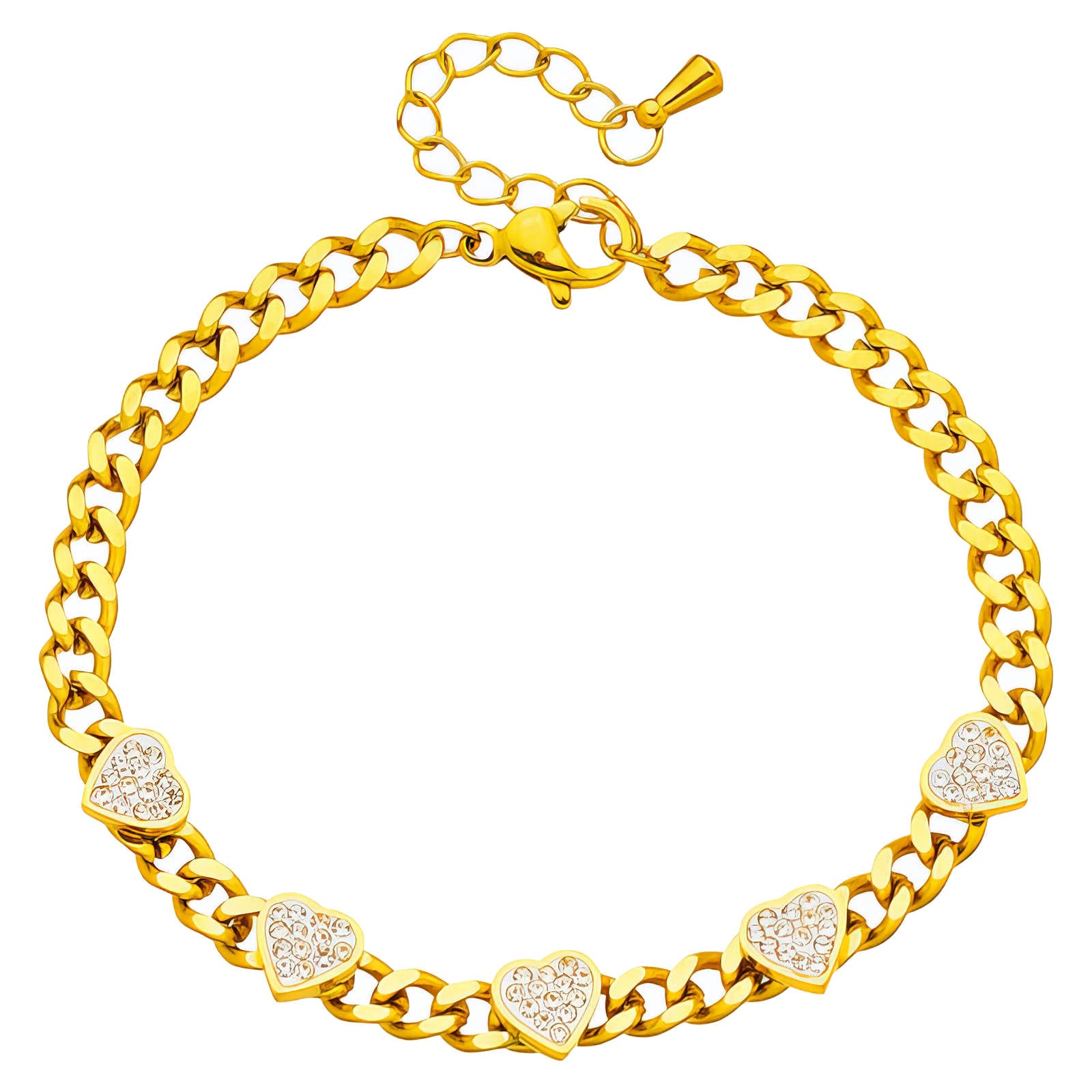 Gold chain bracelet with heart-shaped diamond accents on a white background