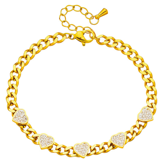 Gold chain bracelet with heart-shaped diamond accents on a white background