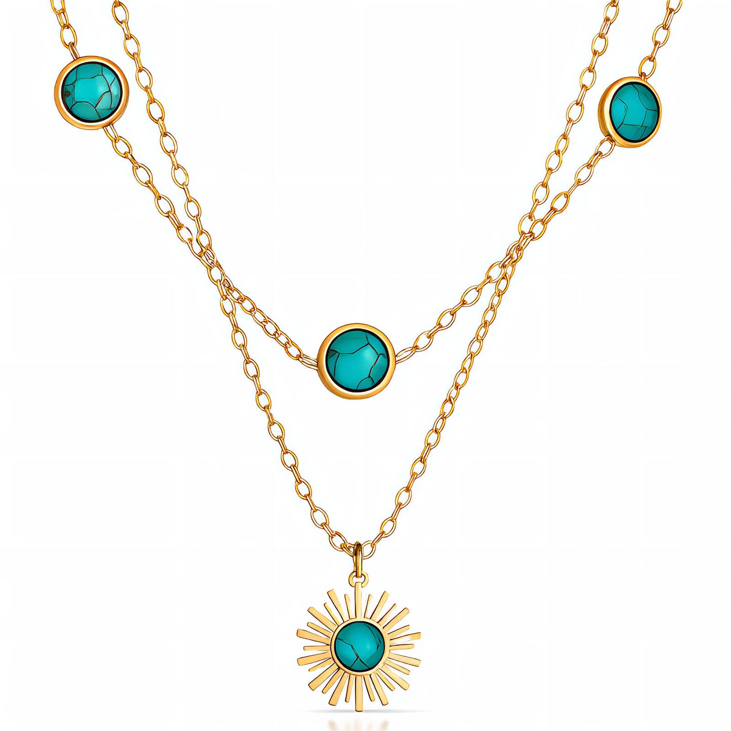 Gold necklace with turquoise stones on a white background