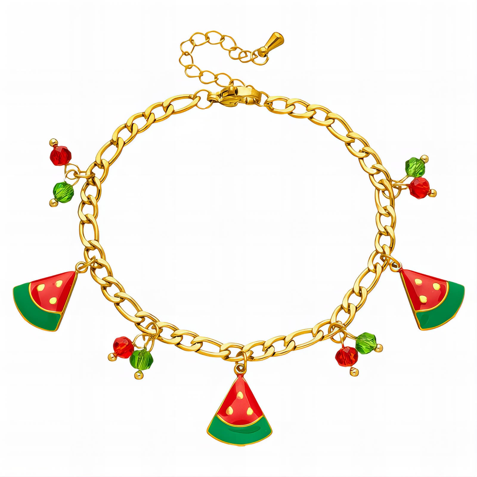 Gold bracelet with watermelon slice charms on a white background