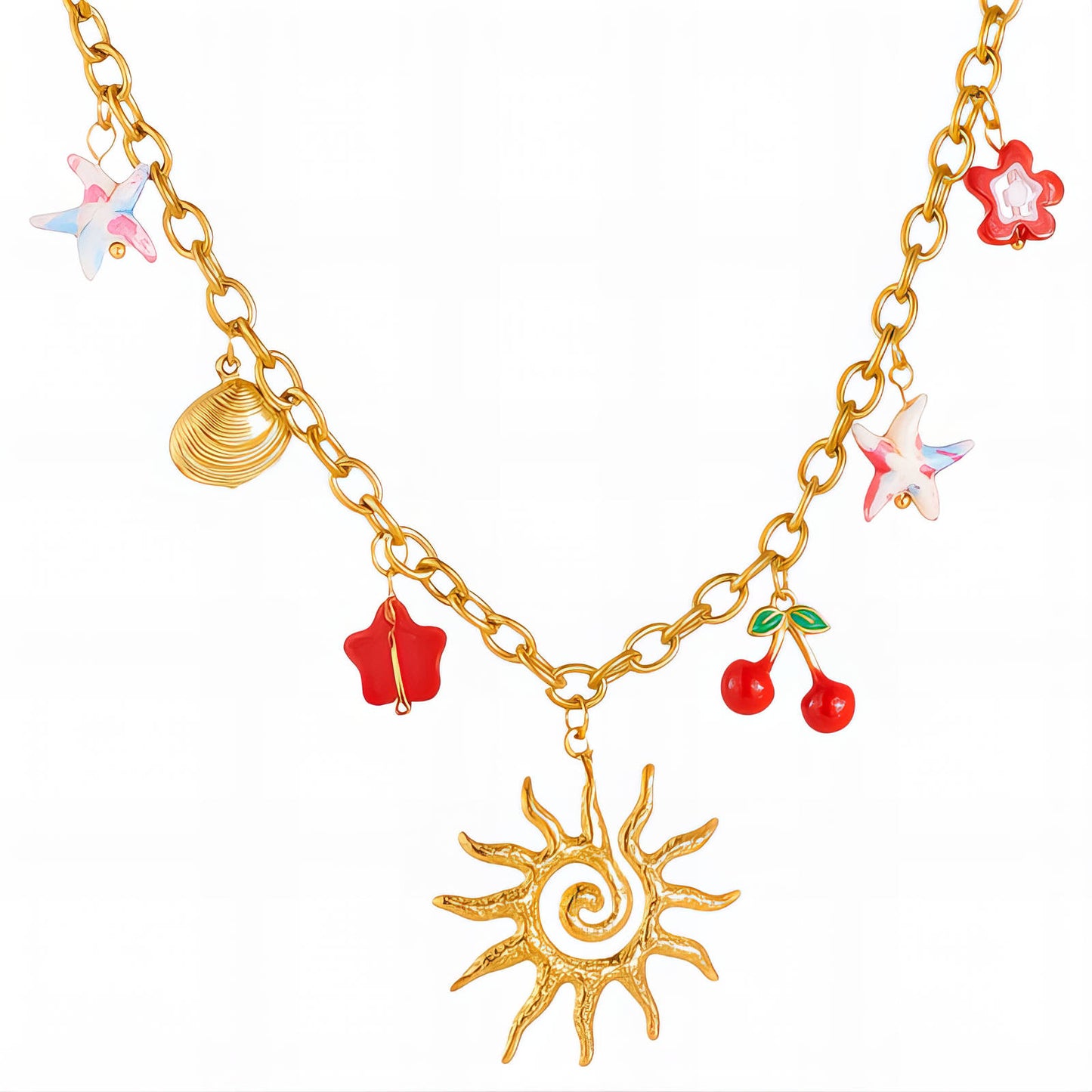 Gold necklace with sun pendant and various charms on a white background