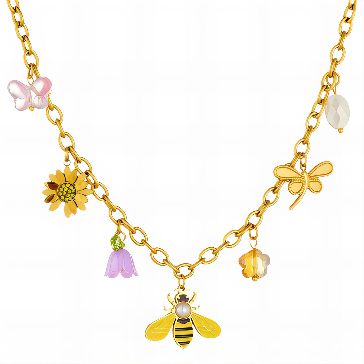 Gold necklace with various charms including a bee, flowers, and butterflies on a white background