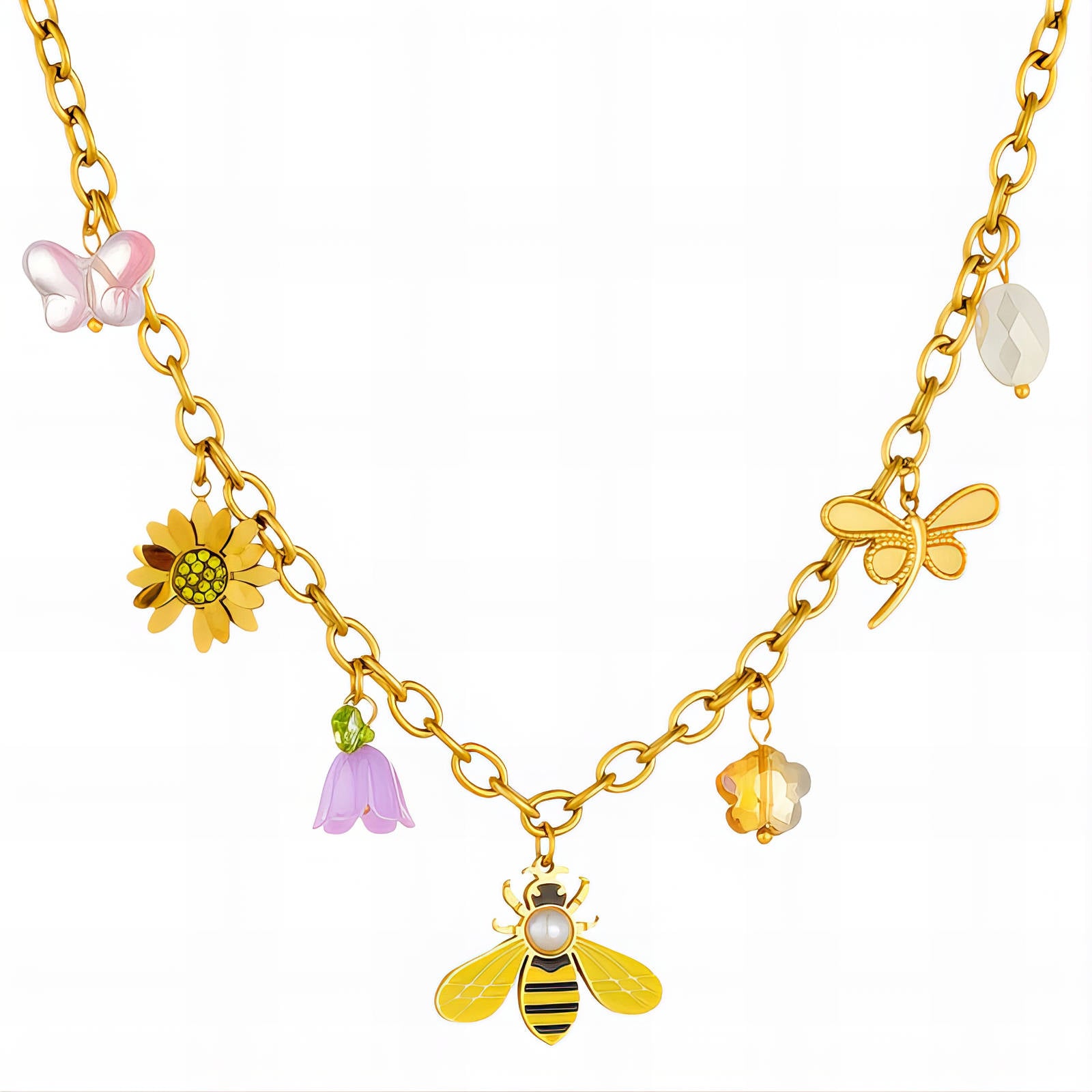 Gold necklace with various charms including a bee, flowers, and butterflies on a white background
