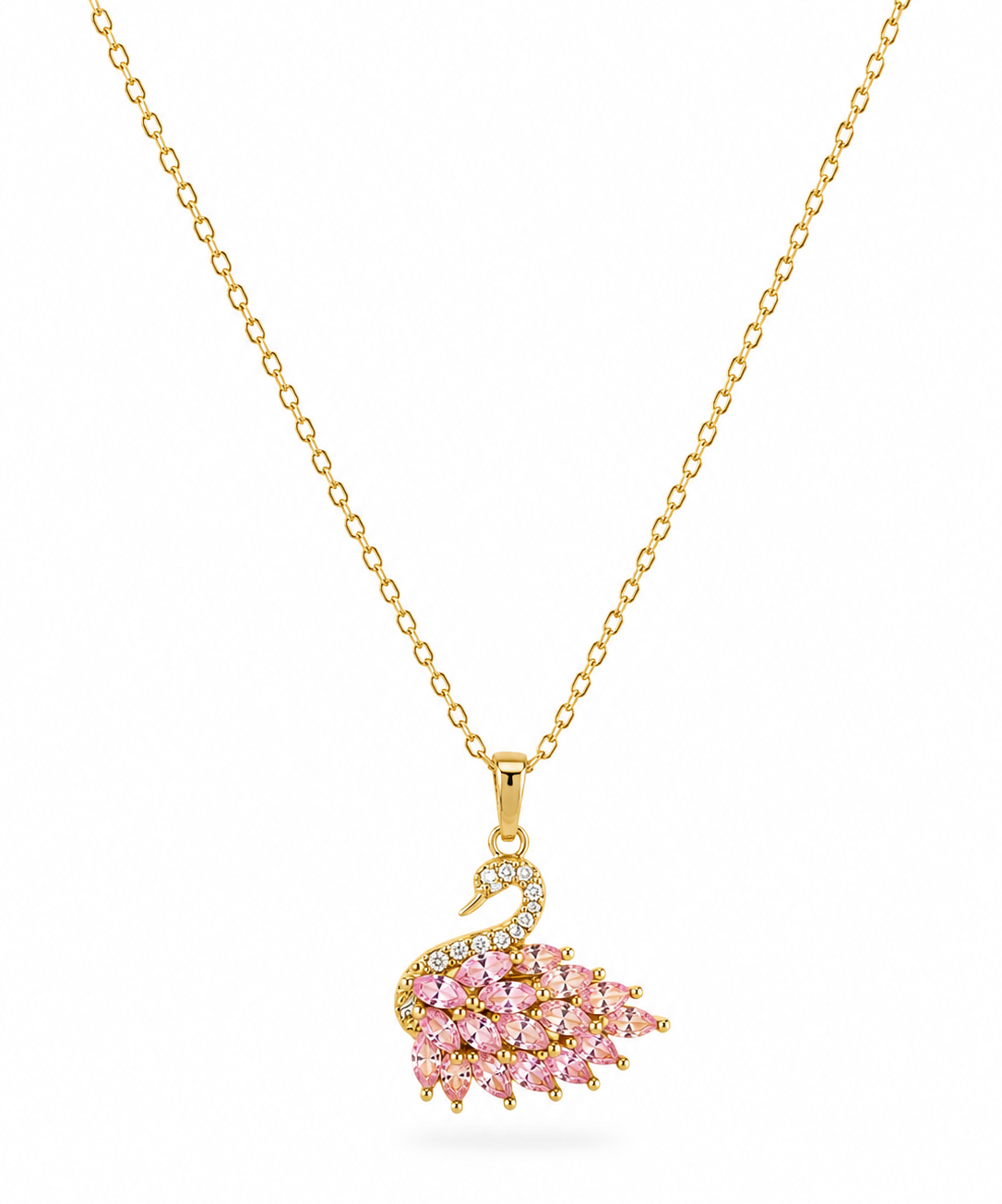 A gold chain necklace featuring a swan pendant embellished with pink gemstones and small clear stones, displayed on a clean white background.