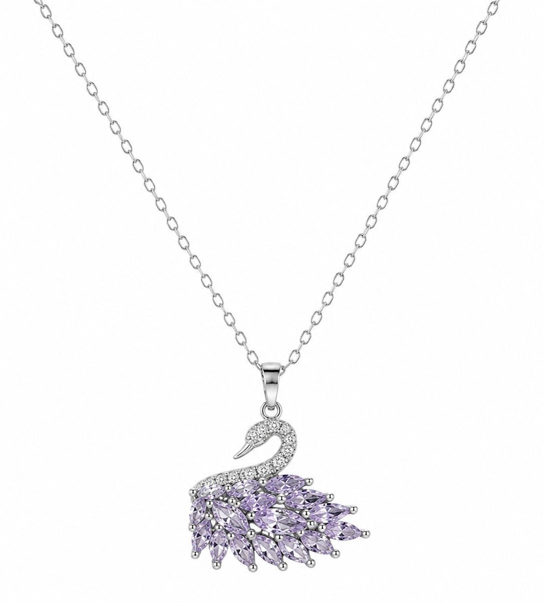 A silver-toned swan pendant necklace featuring a body made of light purple gemstones, displayed on a clean white background.