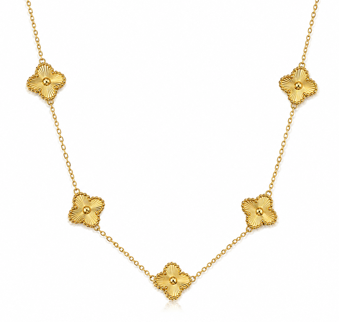 A gold necklace featuring five textured, flower-like clover motifs spaced along a delicate chain, presented on a clean white background.
