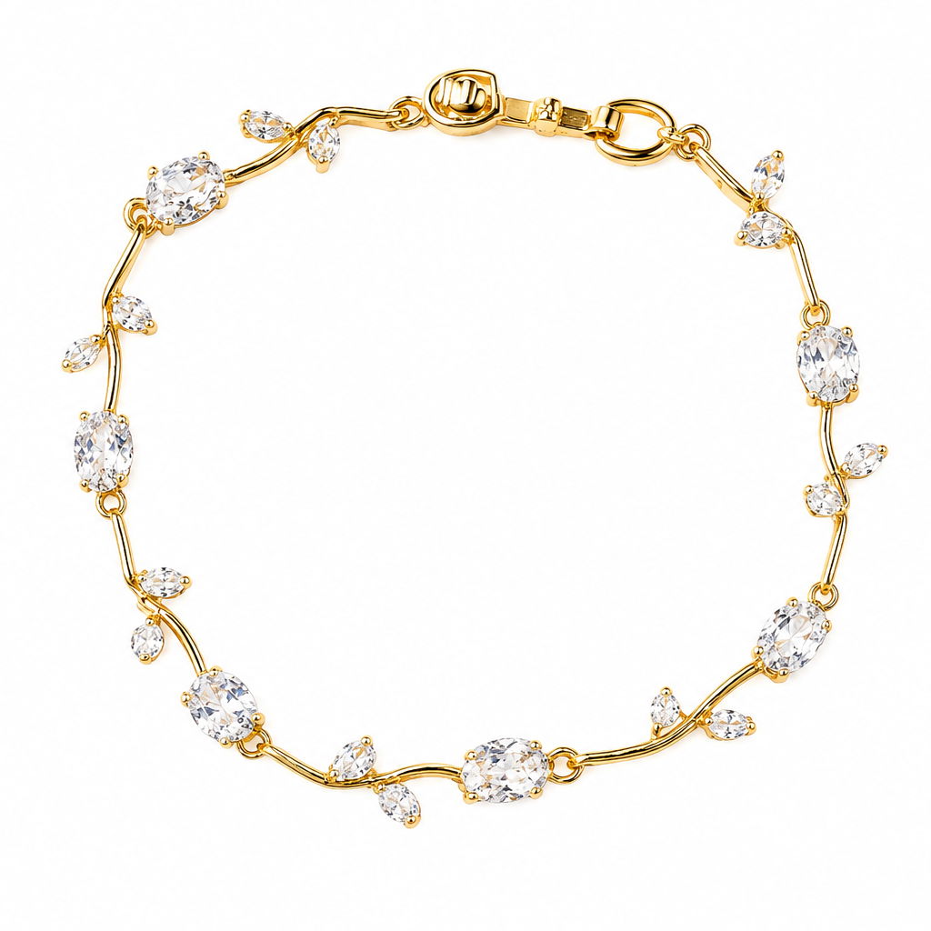 Gold bracelet with crystal stones on a white background