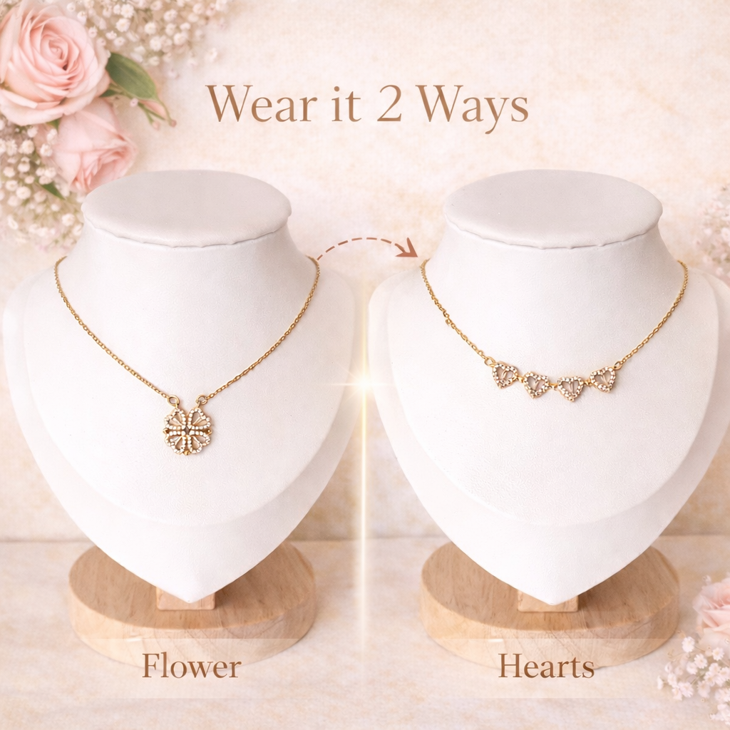 Two necklaces on mannequins with 'Wear it 2 Ways' text and floral decorations.
