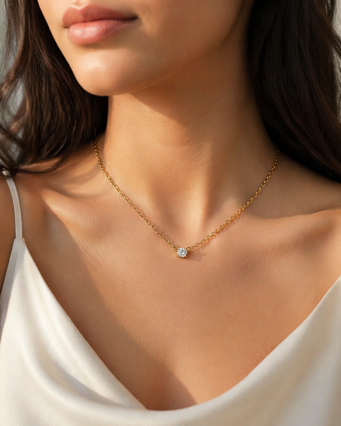 Close-up of a person wearing a gold necklace with a small diamond pendant.