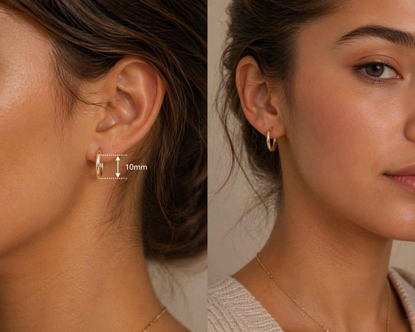 Close-up of a woman wearing gold hoop earrings with a measurement label, set against a neutral background.