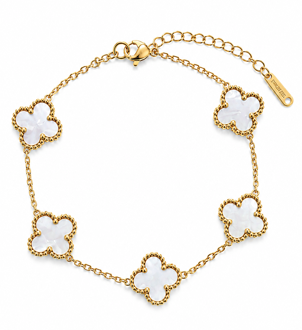 A gold chain bracelet featuring five white abalone shell four-leaf clover motifs, shown on a clean white background.