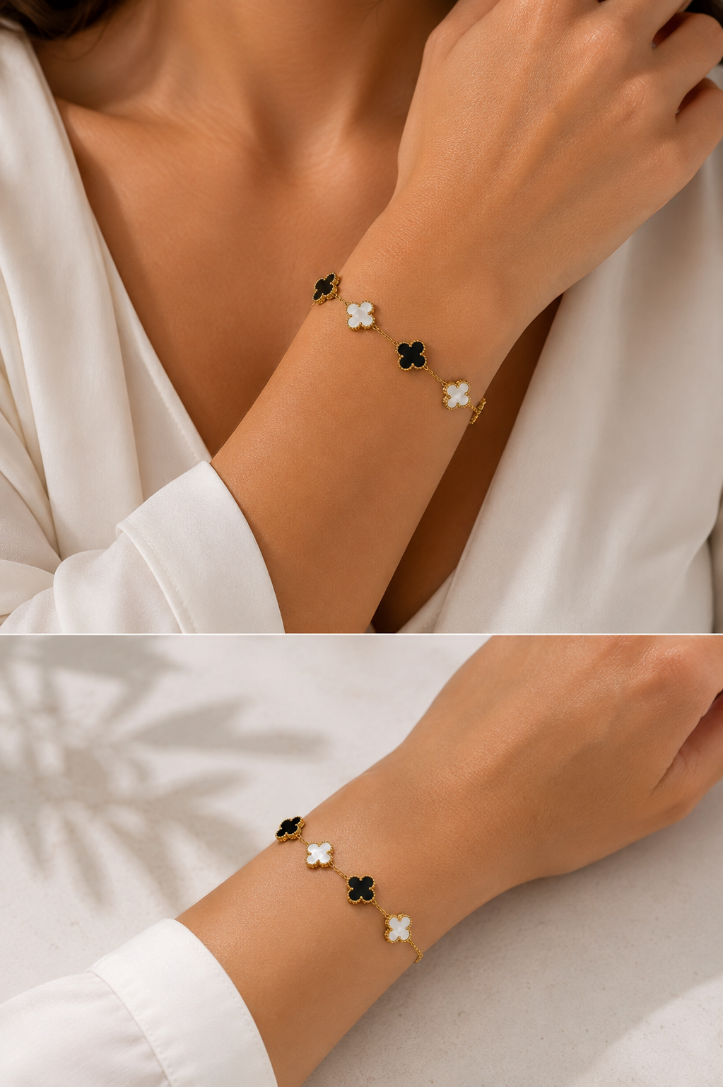 A gold-tone bracelet with alternating black and white clover motifs, shown worn on a model's wrist in a split-screen lifestyle presentation.