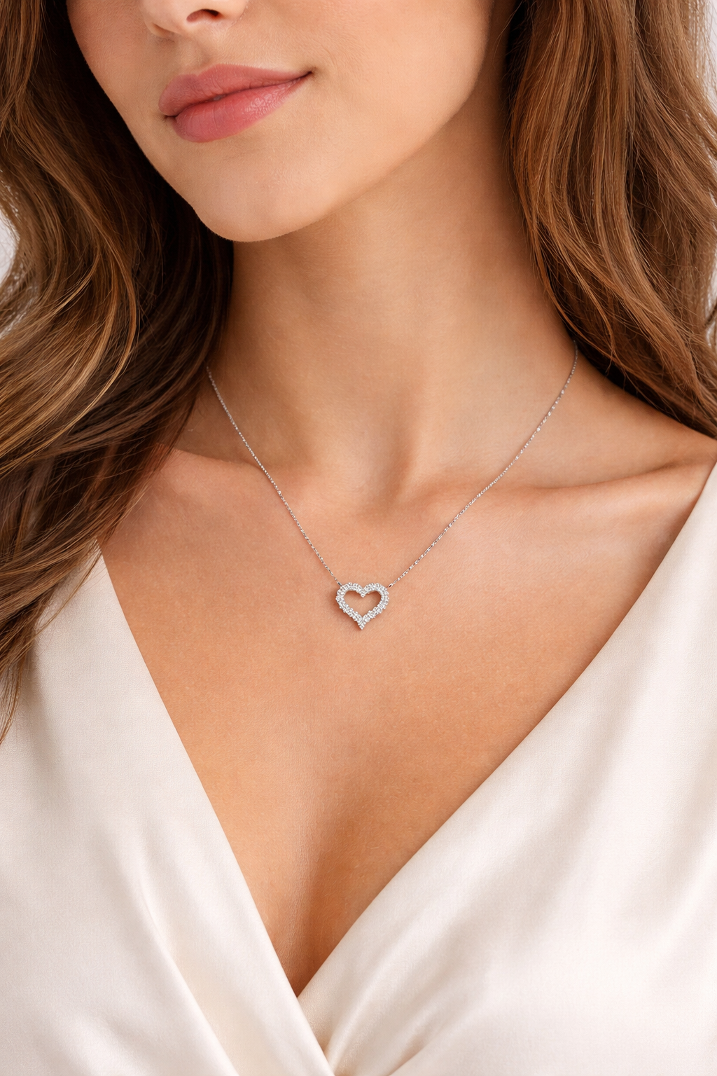 Woman wearing a silver necklace with a heart pendant against a neutral background