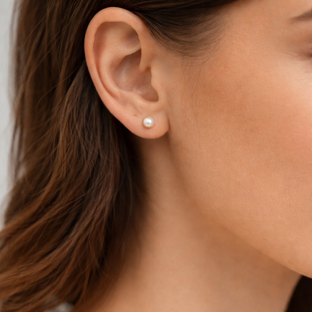 Close-up of an ear wearing a pearl earring with a neutral background