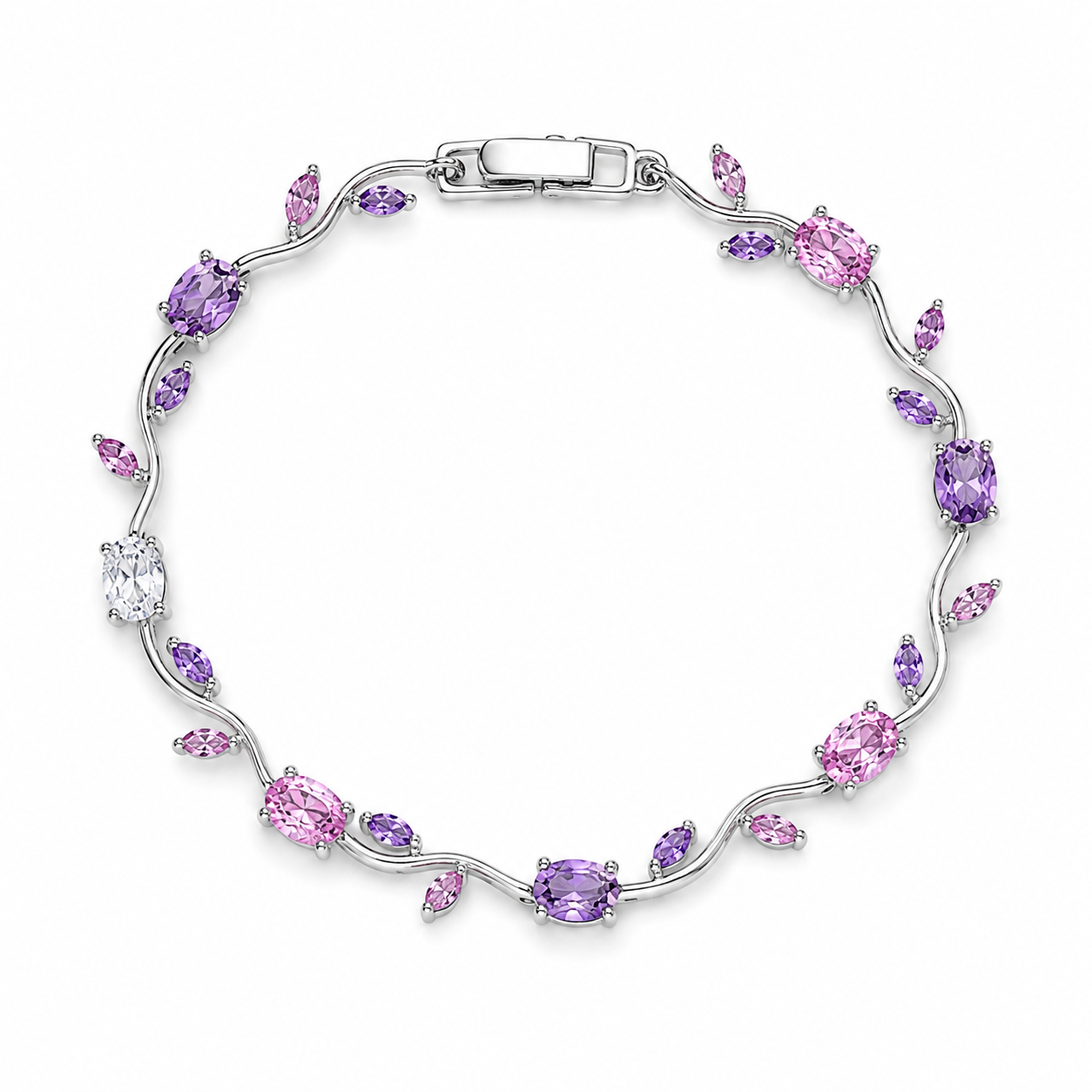 Silver bracelet with purple and pink gemstones on a white background