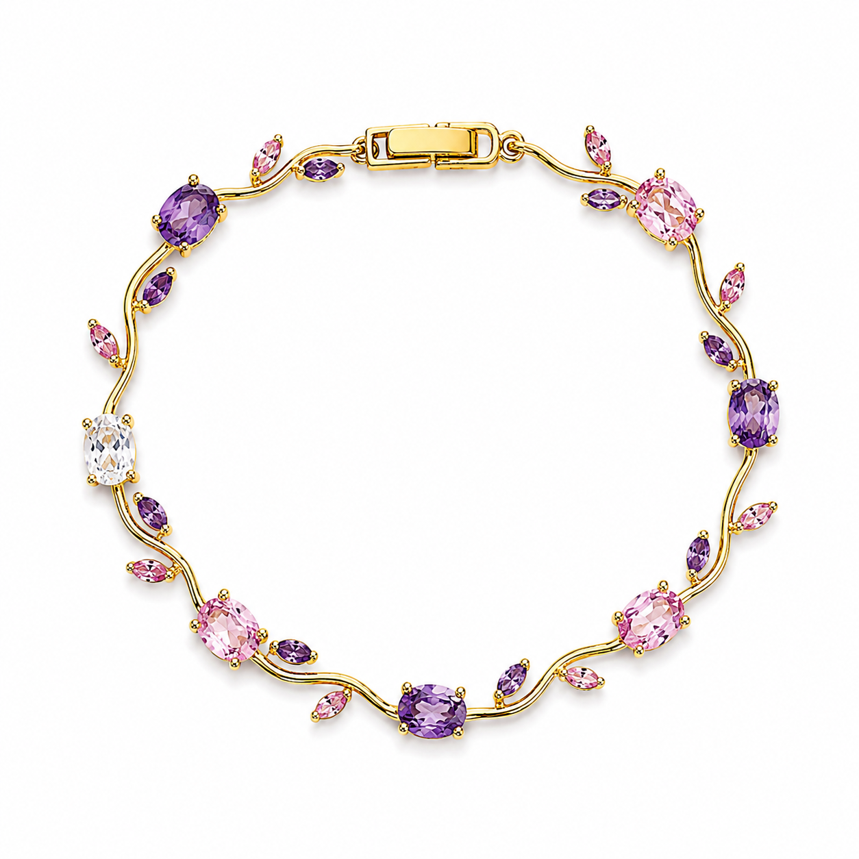 Gold bracelet with colorful gemstones on a white background
