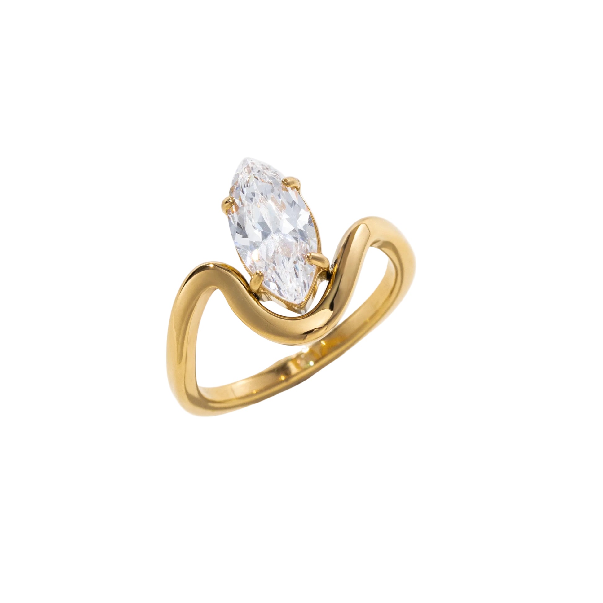A yellow gold ring featuring a marquise-cut clear gemstone in a curved, wave-like setting, photographed on a clean white background with a soft shadow.