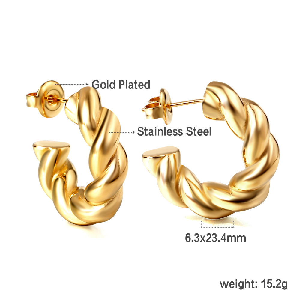 Gold hoop earrings with text indicating gold plating and stainless steel material on a white background.