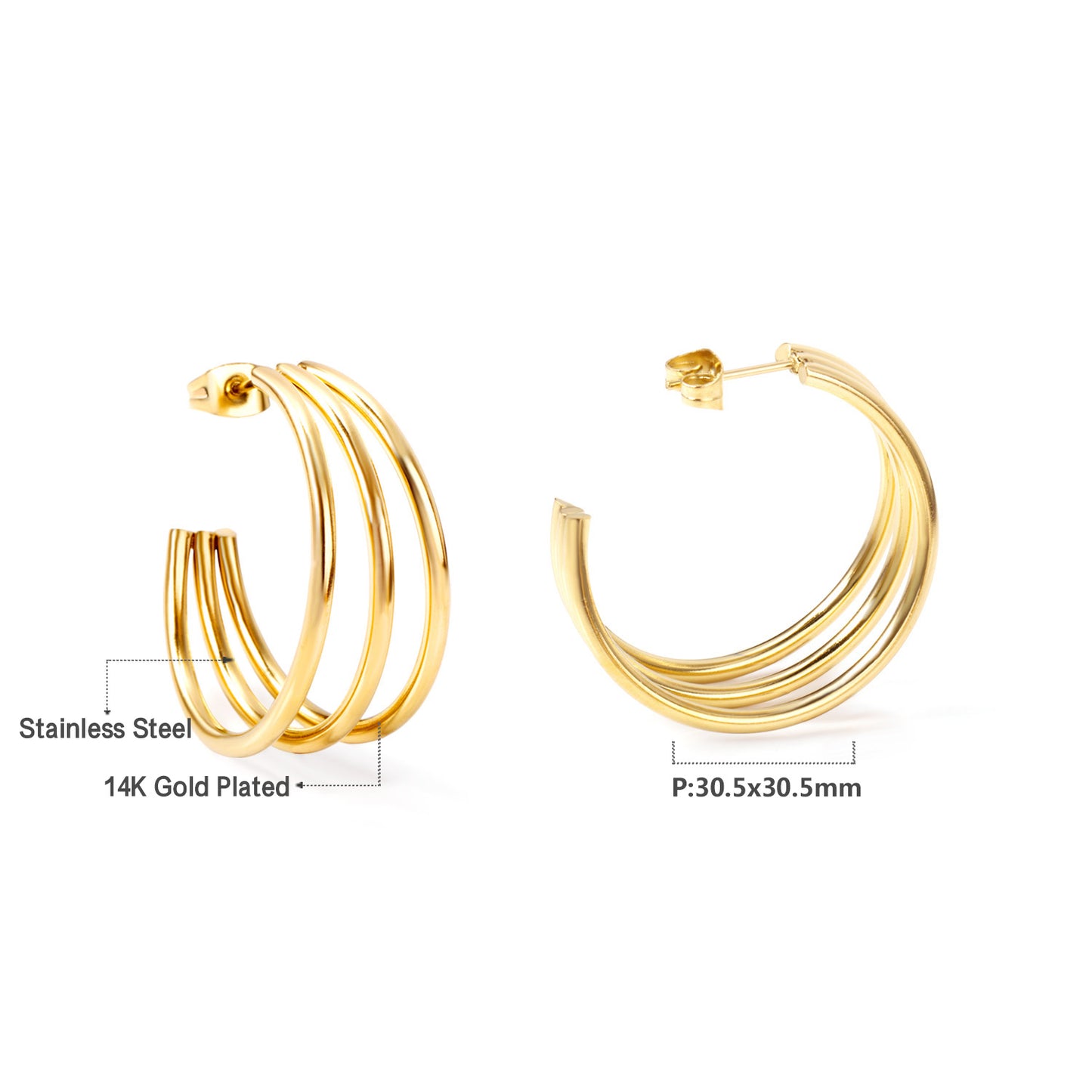 Gold hoop earrings with measurement details on a white background