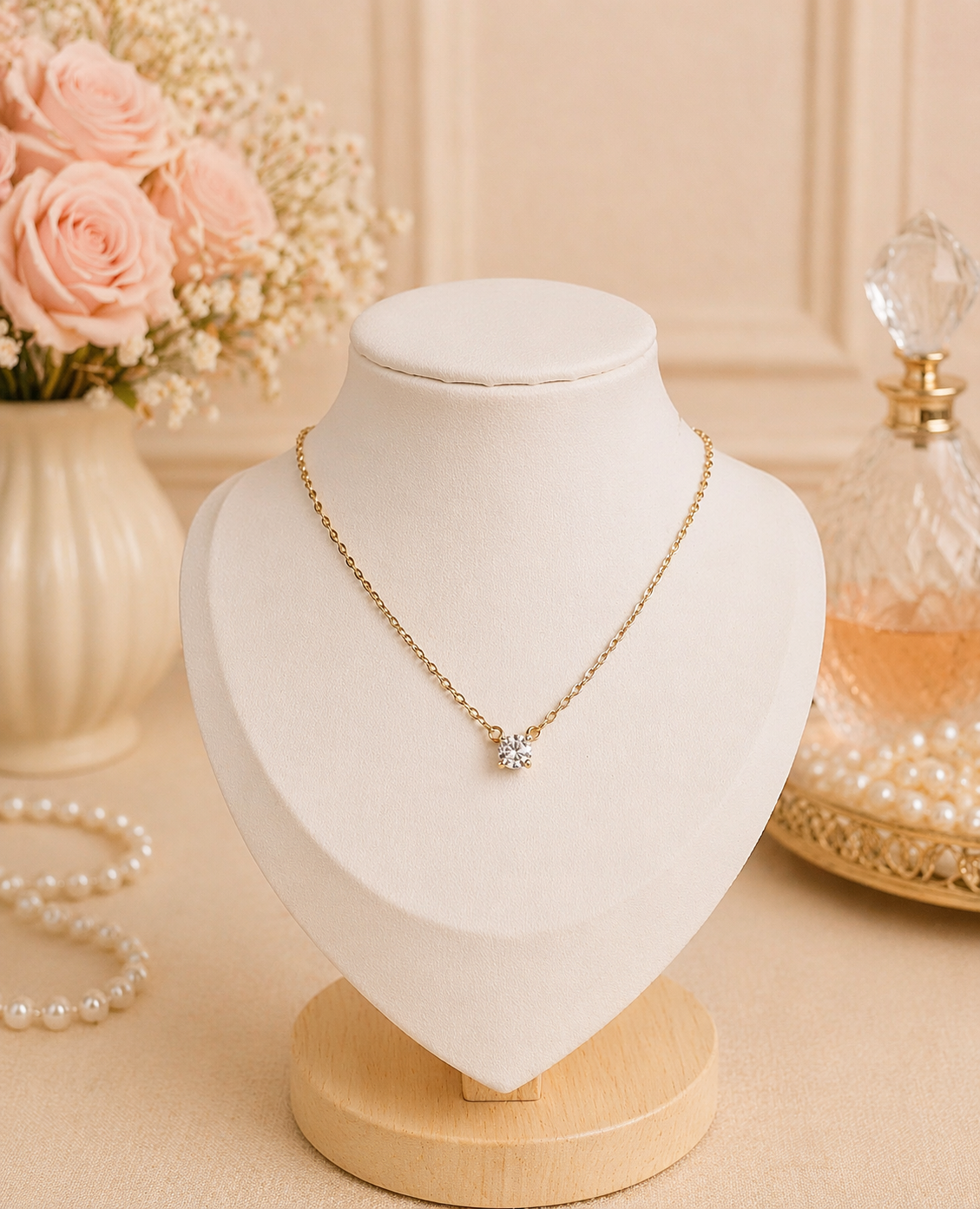 Gold necklace on a white mannequin bust with decorative flowers and perfume bottle in the background.